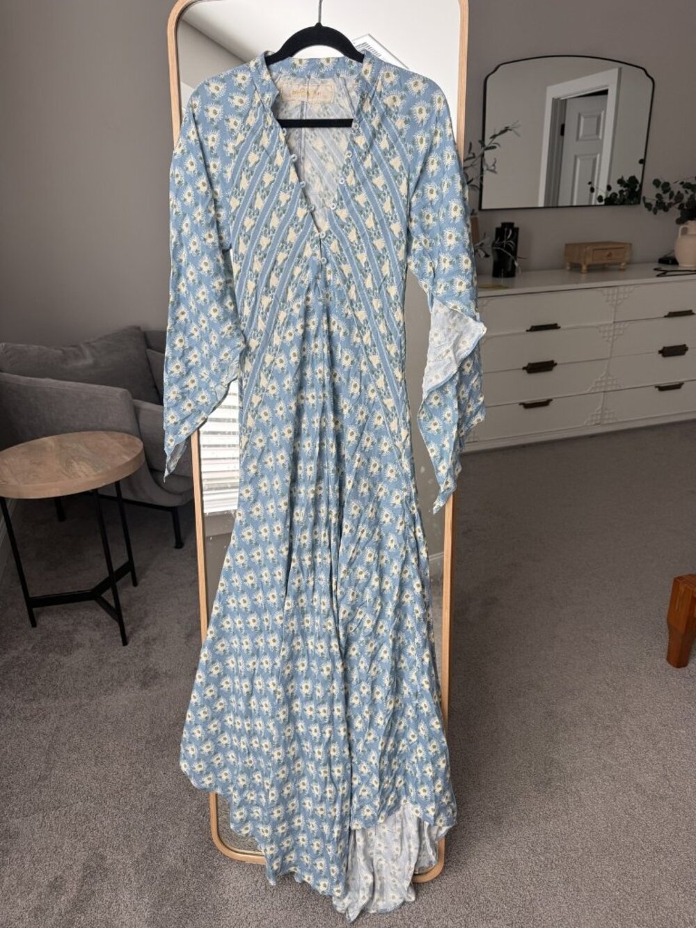 Jen's Pirate Booty Dusty Blue Floral Maxi Dress Bell Sleeve size S